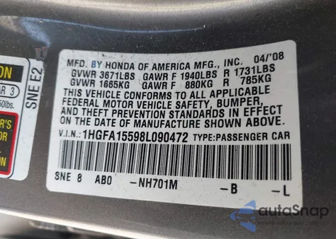 2008 Honda Civic Lx из США, поврежденный, VIN 1HGFA15598L090472